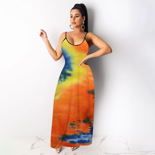 Sexy Print Dyeing Beach Nightclub Sling Long Dress with Pockets
