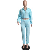Sexy Three Piece Sky Blue Women Warmth Double-sided Velvet Hoodie Winter Sets