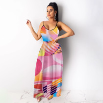 Sexy Print Dyeing Beach Nightclub Sling Long Dress with Pockets