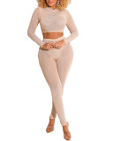 Fashion Sexy Apricot Hot Drilling See-through O Neck Long Sleeve Two Pieces Pant Set with G-srting