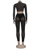 Fashion Sexy Black Hot Drilling See-through O Neck Long Sleeve Two Pieces Pant Set with G-string
