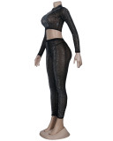 Fashion Sexy Black Hot Drilling See-through O Neck Long Sleeve Two Pieces Pant Set with G-string