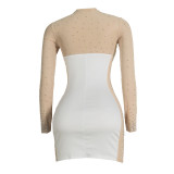 Casual White Hot Drilling See-through O Neck Long Sleeve Mini Dress