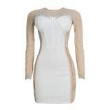 Casual White Hot Drilling See-through O Neck Long Sleeve Mini Dress