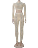 Fashion Sexy Apricot Hot Drilling See-through O Neck Long Sleeve Two Pieces Pant Set with G-srting