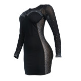 Casual Black Hot Drilling See-through O Neck Long Sleeve Mini Dress