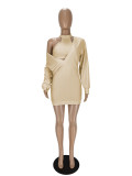 Solid Color Khaki Imitation Cotton V Neck Pit knit Mini Dress with Vest