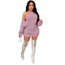 Solid Color Purple Imitation Cotton V Neck Pit knit Mini Dress with Vest