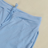 Solid Color Cotton Blended Women Light Blue Off The Shoulder Crop Top Pant Set