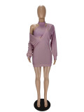 Solid Color Purple Imitation Cotton V Neck Pit knit Mini Dress with Vest