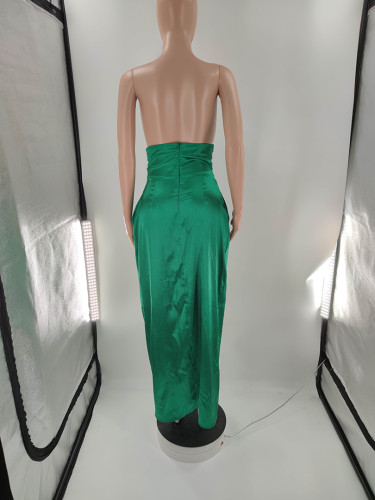 Green Satin Soft Split Long Skirt