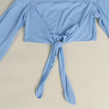 Solid Color Cotton Blended Women Light Blue Off The Shoulder Crop Top Pant Set
