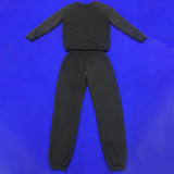 Casual Loose Black Thicken Pullover Sweatshirt Sweatpant Set with Pocket