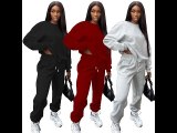 Casual Loose Grey Thicken Pullover Sweatshirt Sweatpant Set with Pocket