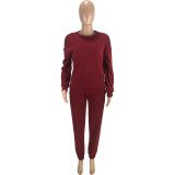Casual Loose Wine Red Thicken Pullover Sweatshirt Sweatpant Set with Pocket