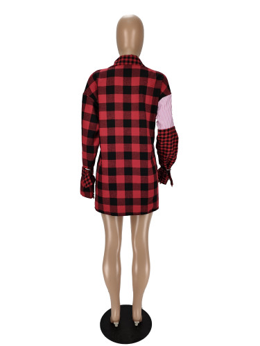 Brushed Plaid Stitching Single-breasted Shirt Dress