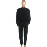 Casual Loose Black Thicken Pullover Sweatshirt Sweatpant Set with Pocket
