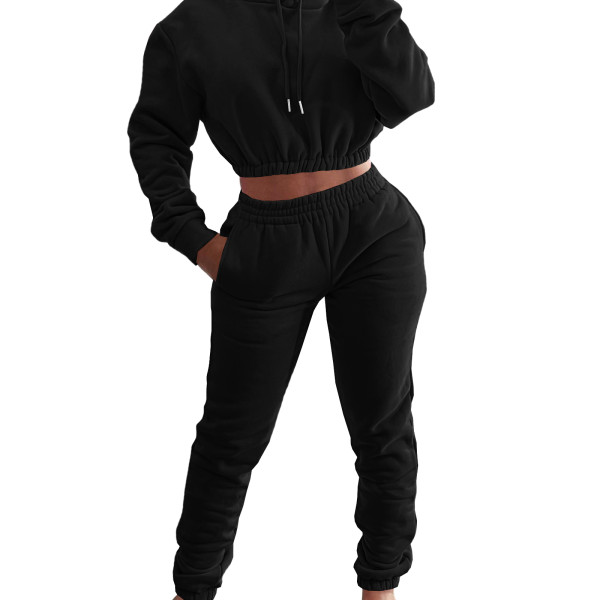 Black Velvet Thicken Sports Hoodie Jogging Pants Two Piece Winter Set For Women