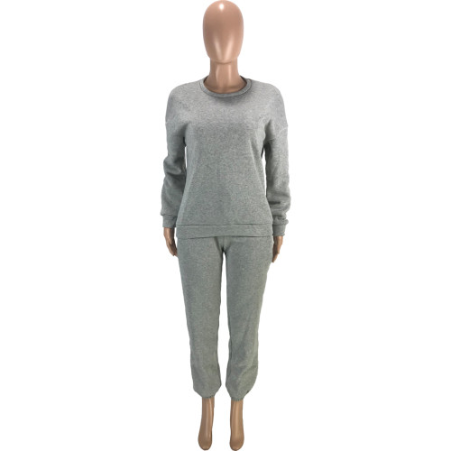 Casual Loose Grey Thicken Pullover Sweatshirt Sweatpant Set with Pocket