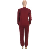 Casual Loose Wine Red Thicken Pullover Sweatshirt Sweatpant Set with Pocket