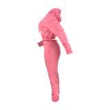 Pink Velvet Thicken Sports Hoodie Jogging Pants Two Piece Winter Set For Women