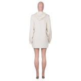 Fashion Casual Solid Basic Beige Hooded Collar Cold Lantern Sleeve Sweatshirt Dresses