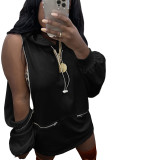 Fashion Casual Solid Basic Black Hooded Collar Cold Lantern Sleeve Sweatshirt Dresses