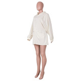 Fashion Casual Solid Basic Beige Hooded Collar Cold Lantern Sleeve Sweatshirt Dresses