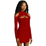 Autumn Casual Solid Red Cold Shoulder Thread Pit Pleated Club Dress with Hollow
