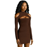 Autumn Casual Solid Brown Cold Shoulder Thread Pit Pleated Club Dress with Hollow