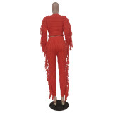 Winter Clothing Casual Orange Tassels Sweater Crop Top and Pants 2PC Knit Tracksuit Set
