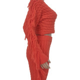 Winter Clothing Casual Orange Tassels Sweater Crop Top and Pants 2PC Knit Tracksuit Set