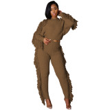Winter Clothing Casual Apricot Tassels Sweater Crop Top and Pants 2PC Knit Tracksuit Set
