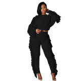 Winter Clothing Casual Black Tassels Sweater Crop Top and Pants 2PC Knit Tracksuit Set