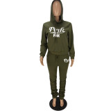 Fashion Pleated Letter Printed Army Green Hooded Stacked Pants Outfits Two Pieces