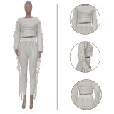 Winter Clothing Casual White Tassels Sweater Crop Top and Pants 2PC Knit Tracksuit Set