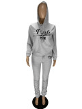 Fashion Pleated Letter Printed Grey Hooded Stacked Pants Outfits Two Pieces