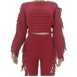 Winter Clothing Casual Wine Red Tassels Sweater Crop Top and Pants 2PC Knit Tracksuit Set