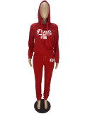 Fashion Pleated Letter Printed Red Hooded Stacked Pants Outfits Two Pieces