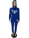 Fashion Pleated Letter Printed Blue Hooded Stacked Pants Outfits Two Pieces