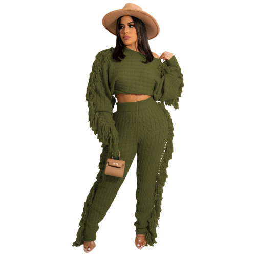 Winter Clothing Casual Army Green Tassels Sweater Crop Top and Pants 2PC Knit Tracksuit Set
