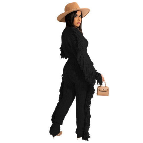 Winter Clothing Casual Black Tassels Sweater Crop Top and Pants 2PC Knit Tracksuit Set