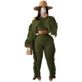 Winter Clothing Casual Army Green Tassels Sweater Crop Top and Pants 2PC Knit Tracksuit Set