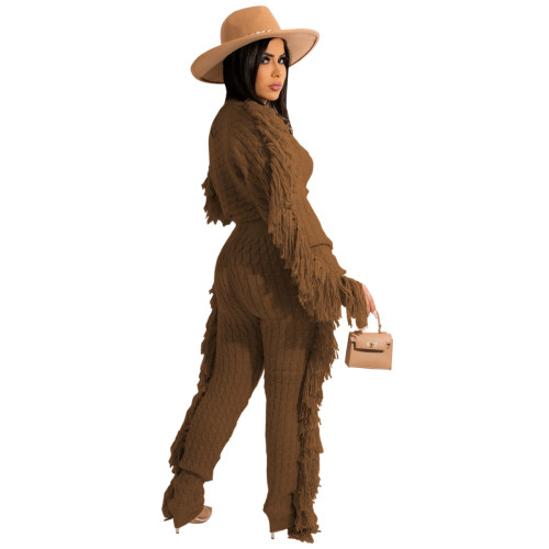 Winter Clothing Casual Apricot Tassels Sweater Crop Top and Pants 2PC Knit Tracksuit Set