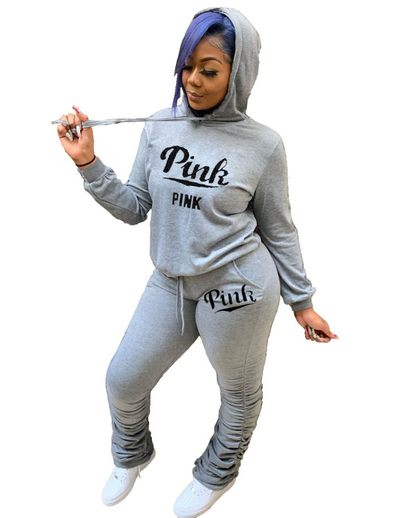 Fashion Pleated Letter Printed Grey Hooded Stacked Pants Outfits Two Pieces