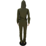 Fashion Pleated Letter Printed Army Green Hooded Stacked Pants Outfits Two Pieces