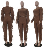 Winter Clothing Casual Coffee Tassels Sweater Crop Top and Pants 2PC Knit Tracksuit Set