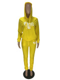 Fashion Pleated Letter Printed Yellow Hooded Stacked Pants Outfits Two Pieces