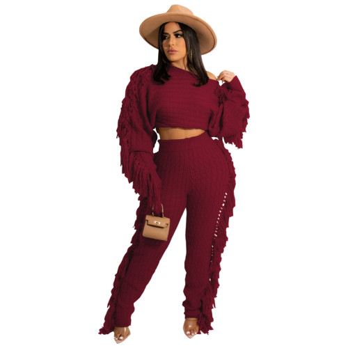 Winter Clothing Casual Wine Red Tassels Sweater Crop Top and Pants 2PC Knit Tracksuit Set