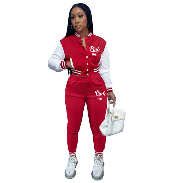 Red/white Air Layer Active Contrast Color Printed Letter Baseball Sports Tracksuit Set